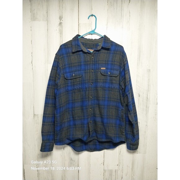Orvis Mens Medium Heavy Flannel Shirt Jacket Blue & Gray Plaid Lumberjack - Picture 1 of 7